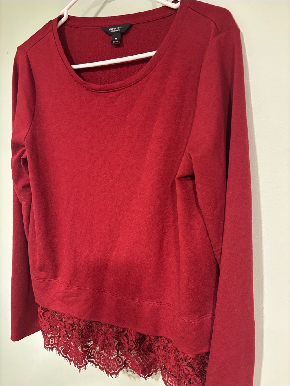 Simply Vera Vera Wang Burgandy Lace-Hem Long Sleeve Top - Picture 2 of 4
